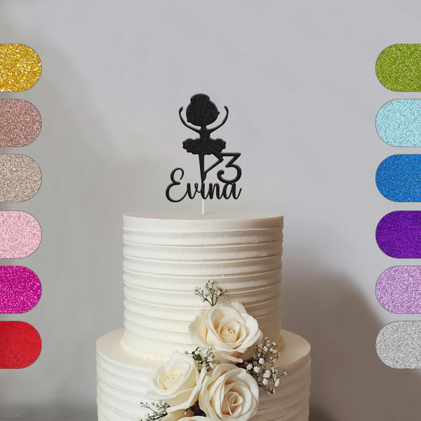 Personalised Little Ballerina Birthday Cake Topper Any Age and Name in Black Glitter