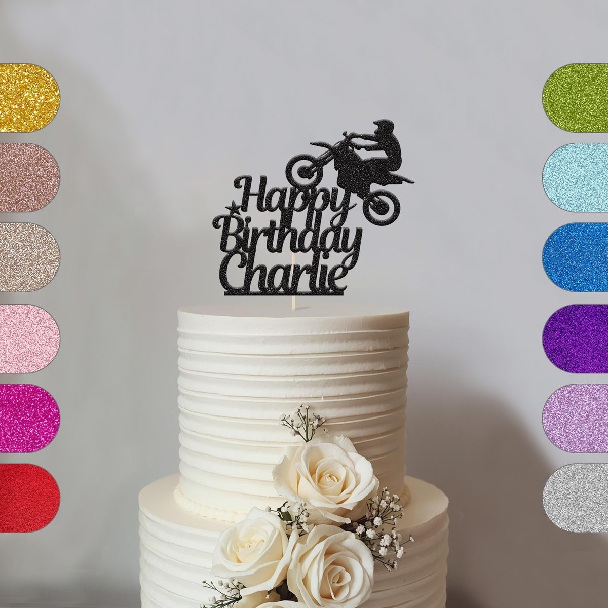 Personalised Motocross Birthday Cake Topper with Name in Black Glitter