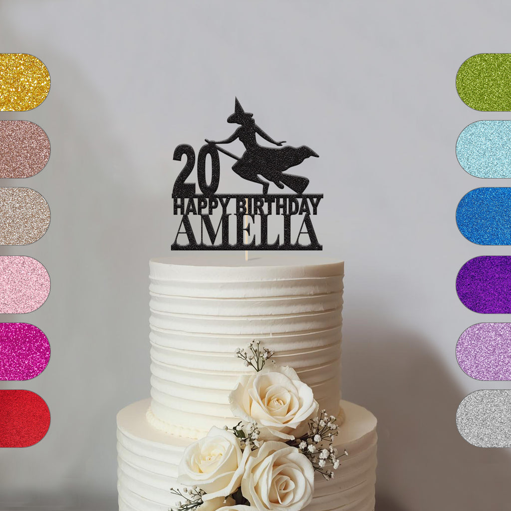 Personalised Witch Birthday Cake Topper Any Age and Name in Black Glitter