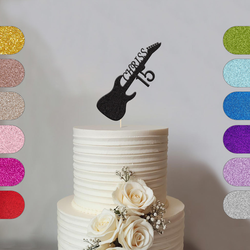 Personalised Electric Guitar Birthday Cake Topper Any Age and Name in Black Glitter