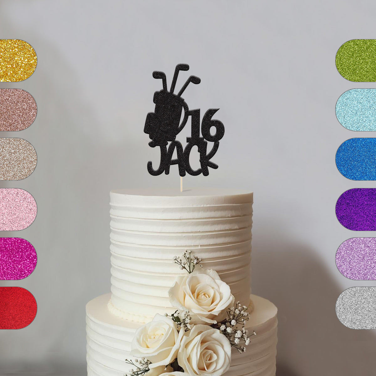 Personalised Golf Bag Birthday Cake Topper Any Age and Name in Black Glitter
