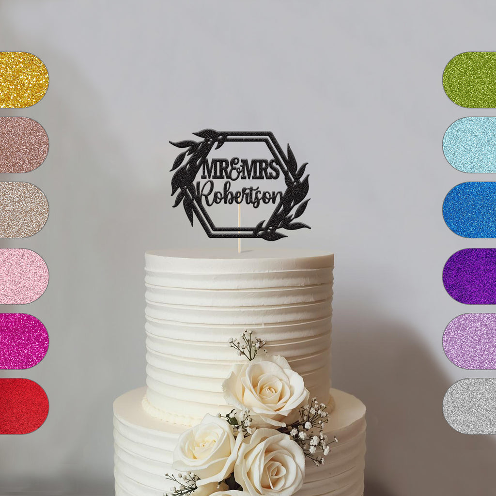 Personalised Mr and Mrs Wedding Cake Topper with Surname in Black Glitter
