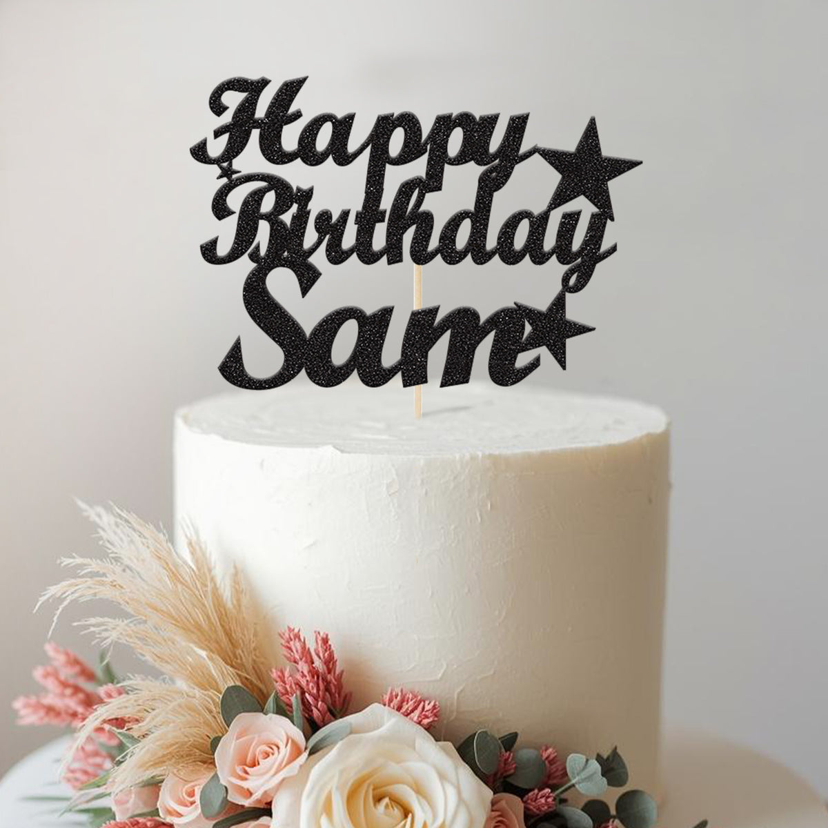 Personalised Bold Script Stars Birthday Cake Topper – Name in Black Glitter
