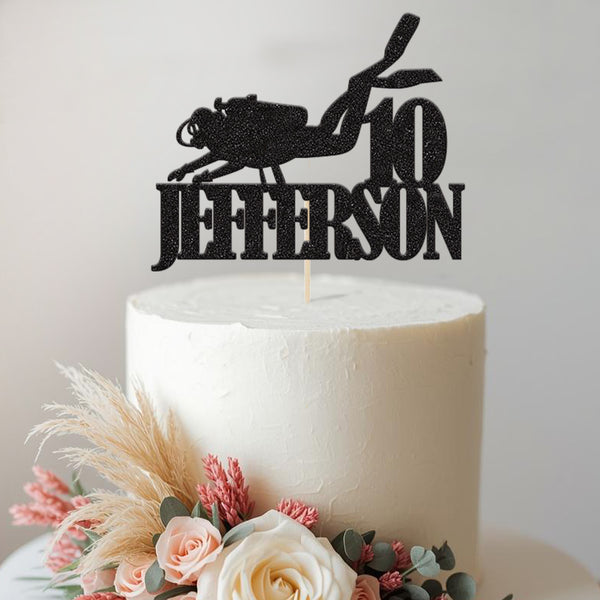 Personalised Scuba Diver Cake Topper – Name & Age in Black Glitter