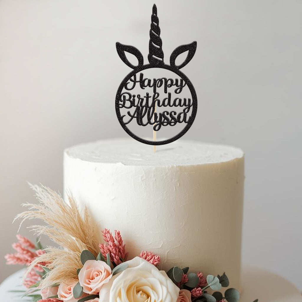 Personalised Unicorn Horn Birthday Cake Topper – Name in Black Glitter