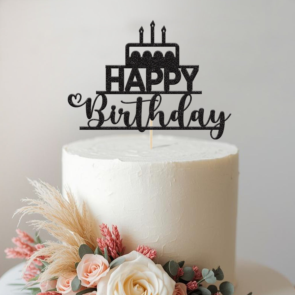 Happy Birthday Cake & Candles Cake Topper in Black Glitter