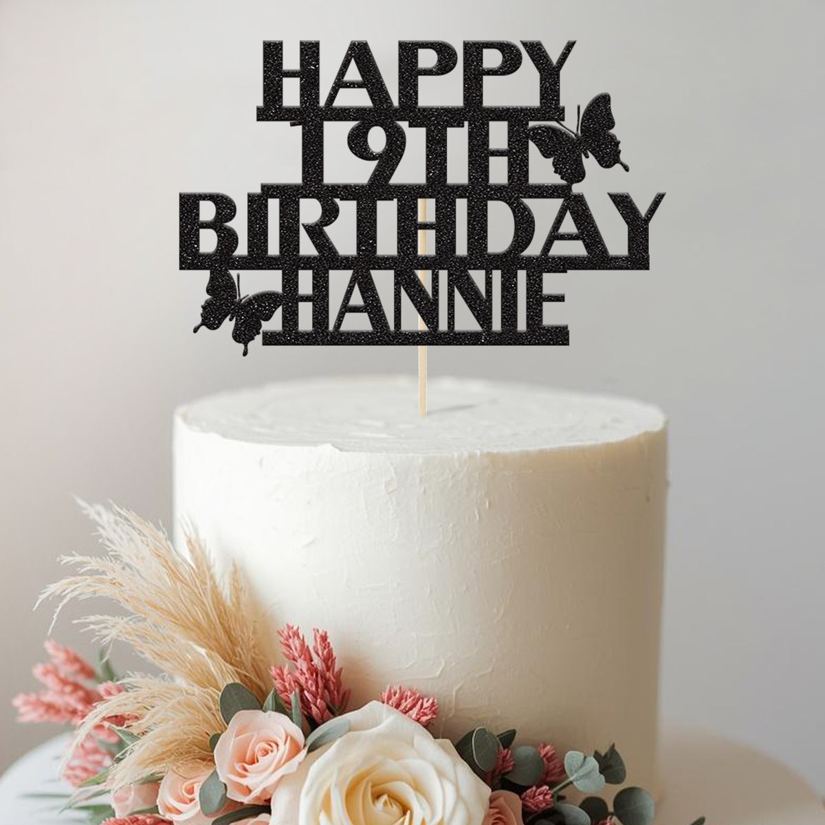 Personalised Stacked Birthday Butterflies Cake Topper – Name & Age in Black Glitter