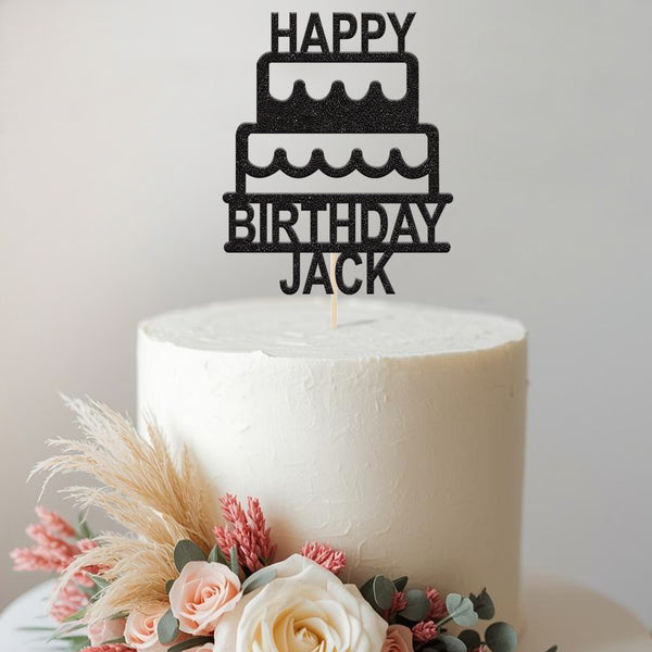 Personalised Two-Tier Cake Topper – Name in Black Glitter