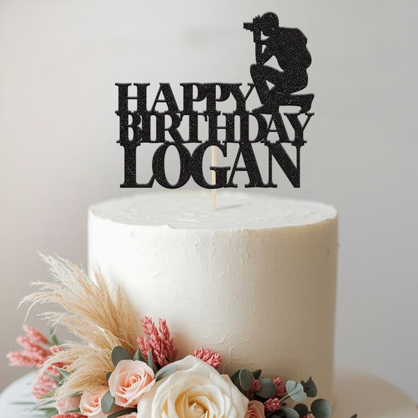 Personalised Kneeling Photographer Cake Topper – Name in Black Glitter