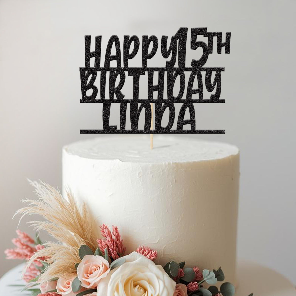 Personalised Playful Stacked Cake Topper – Name & Age in Black Glitter