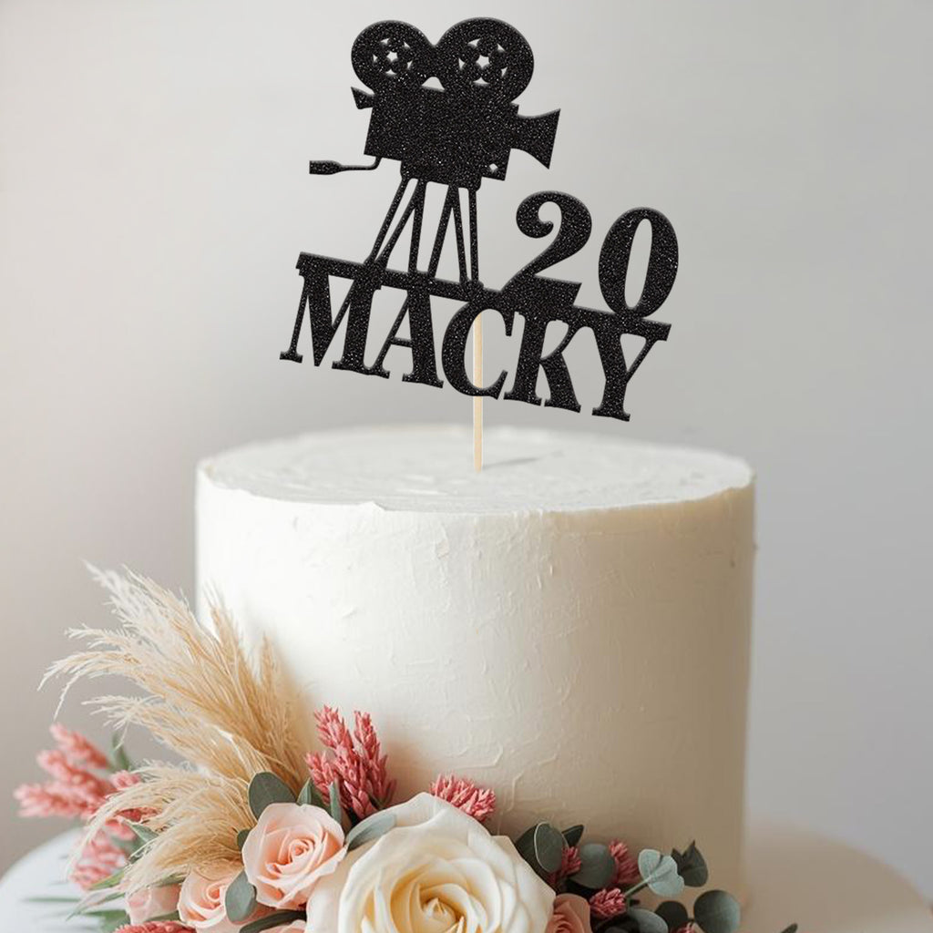 Personalised Vintage Film Camera Birthday Cake Topper – Name & Age in Black Glitter