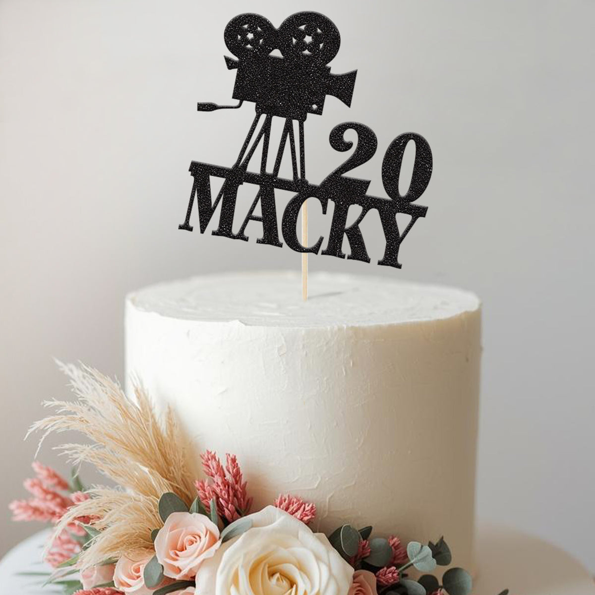 Personalised Vintage Film Camera Birthday Cake Topper – Name & Age in Black Glitter