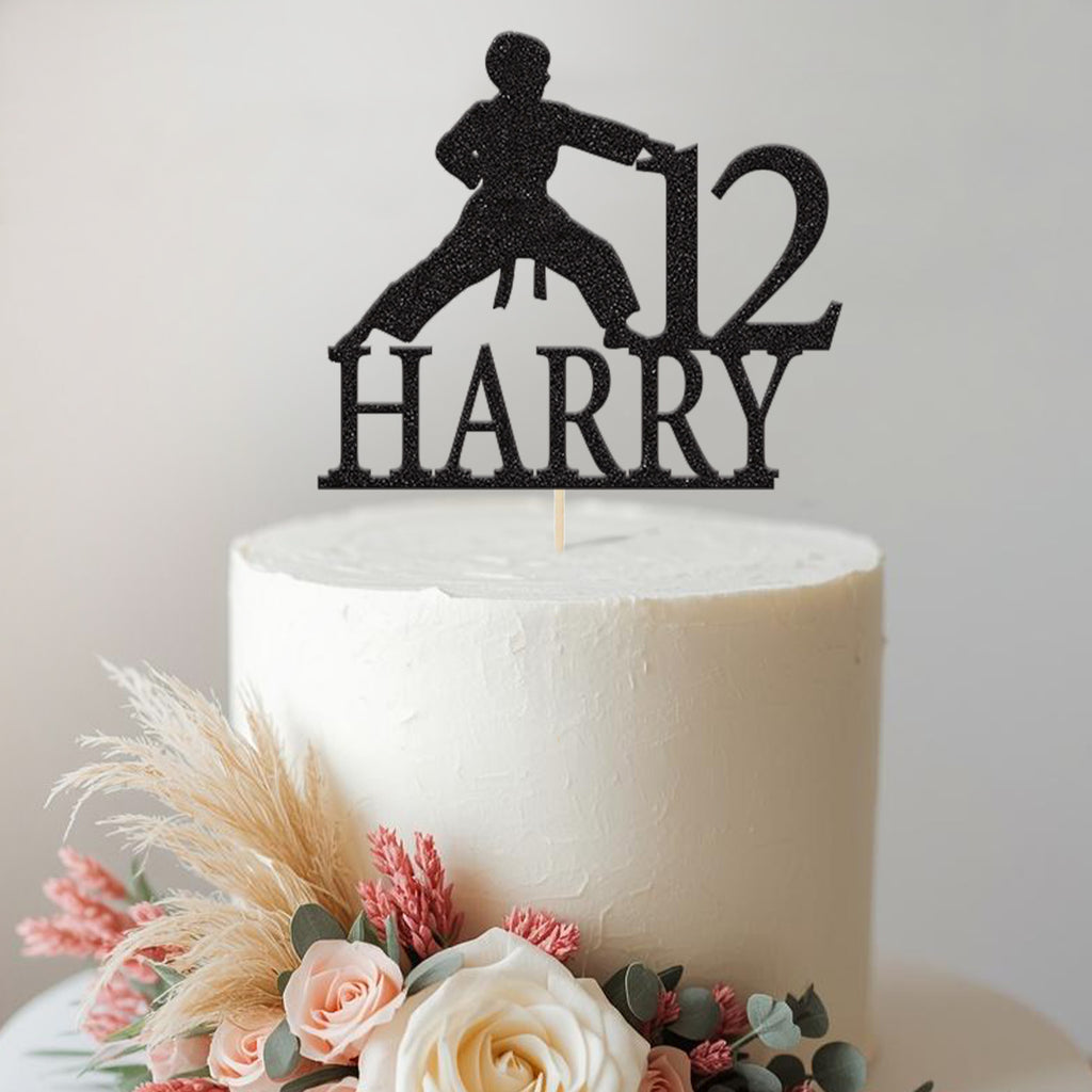 Personalised Karate Punch Cake Topper – Name & Age in Black Glitter