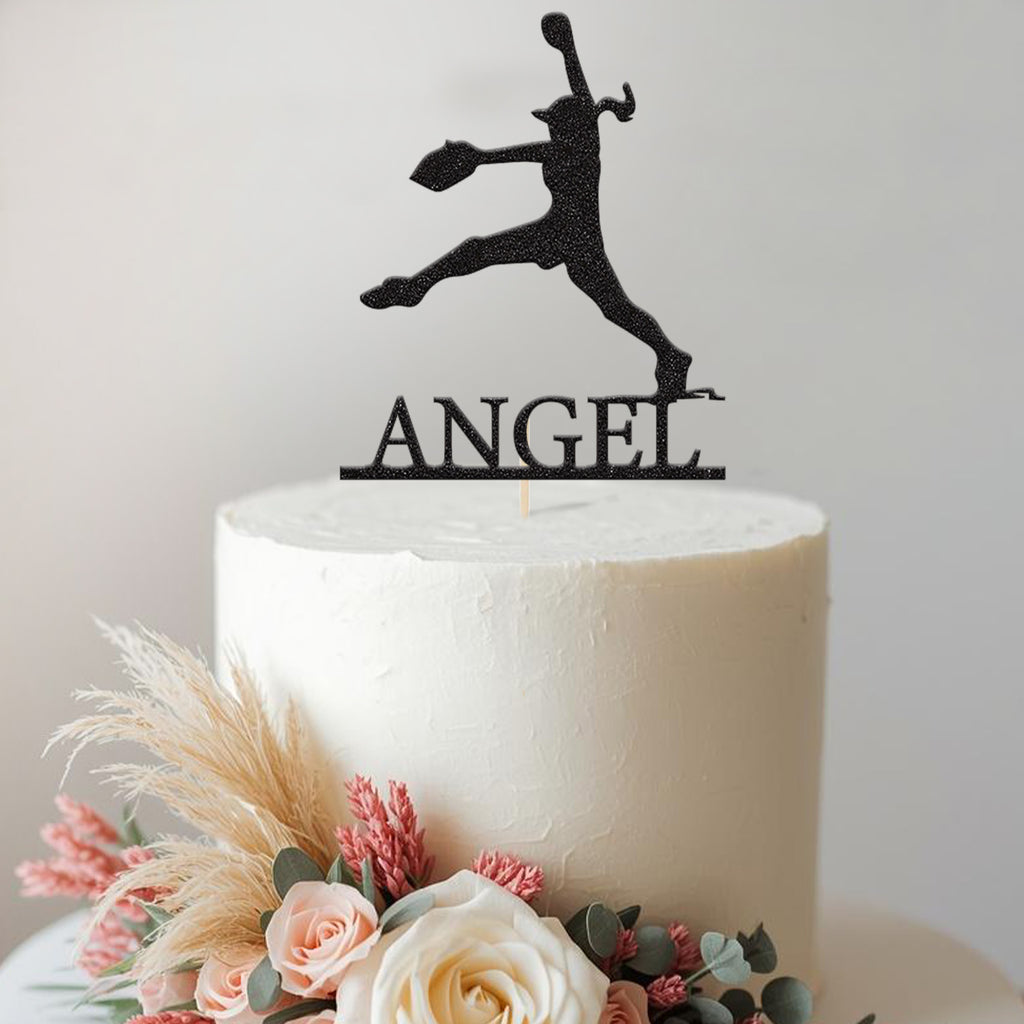 Personalised Female Softball Pitcher Cake Topper – Name in Black Glitter