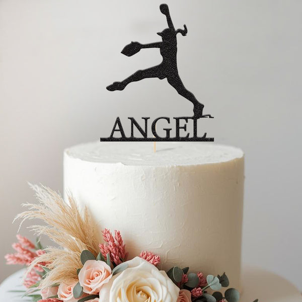 Personalised Female Softball Pitcher Cake Topper – Name in Black Glitter