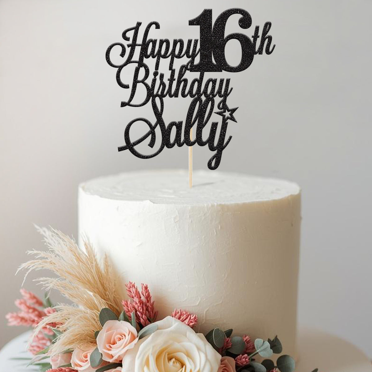 Personalised Large Number & Star Cake Topper – Name & Age in Black Glitter