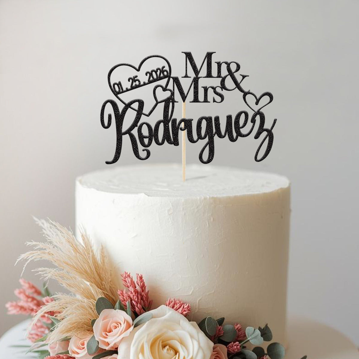 Personalised Linked Hearts Wedding Cake Topper – Surname & Date in Black Glitter
