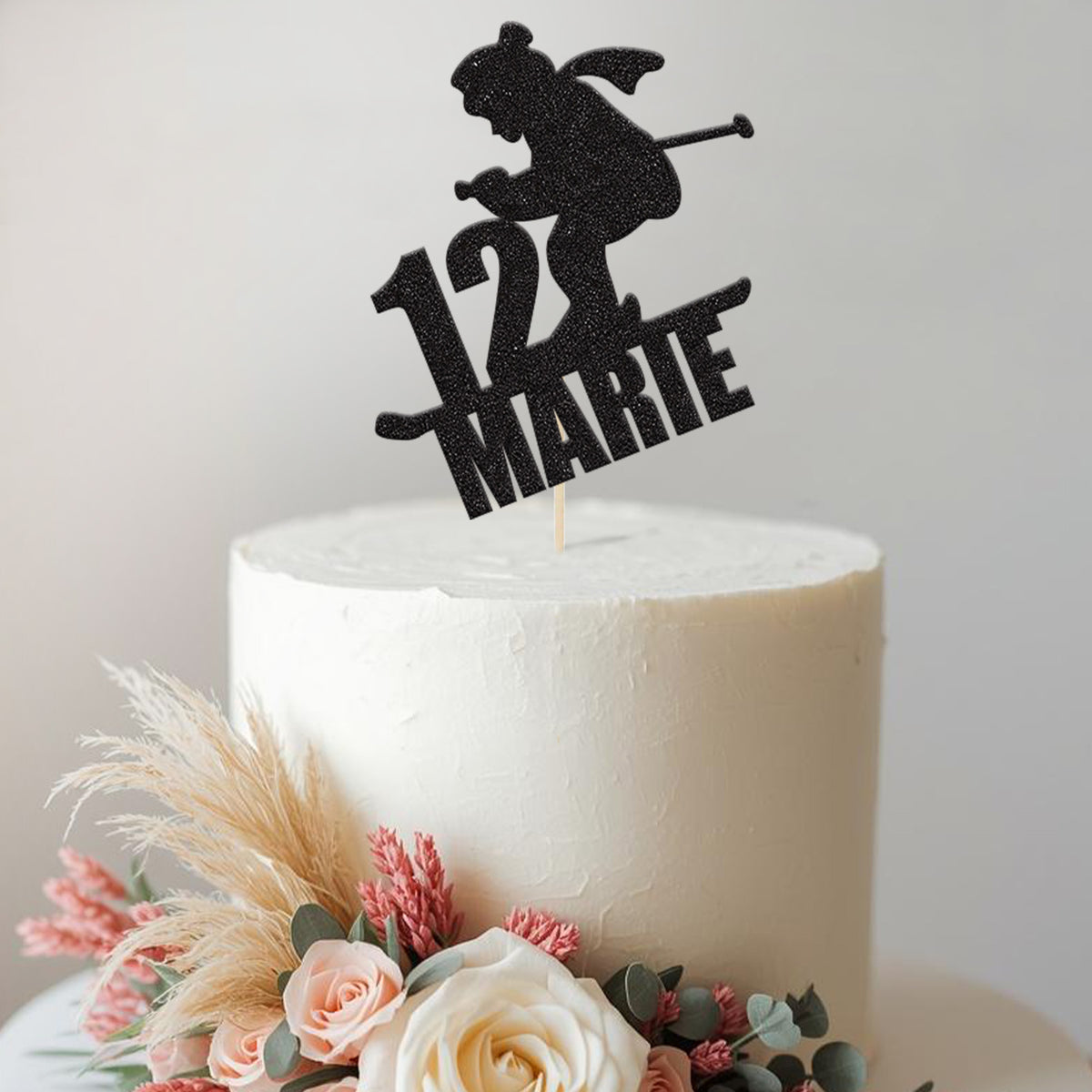 Personalised Skier with Scarf Cake Topper – Name & Age in Black Glitter