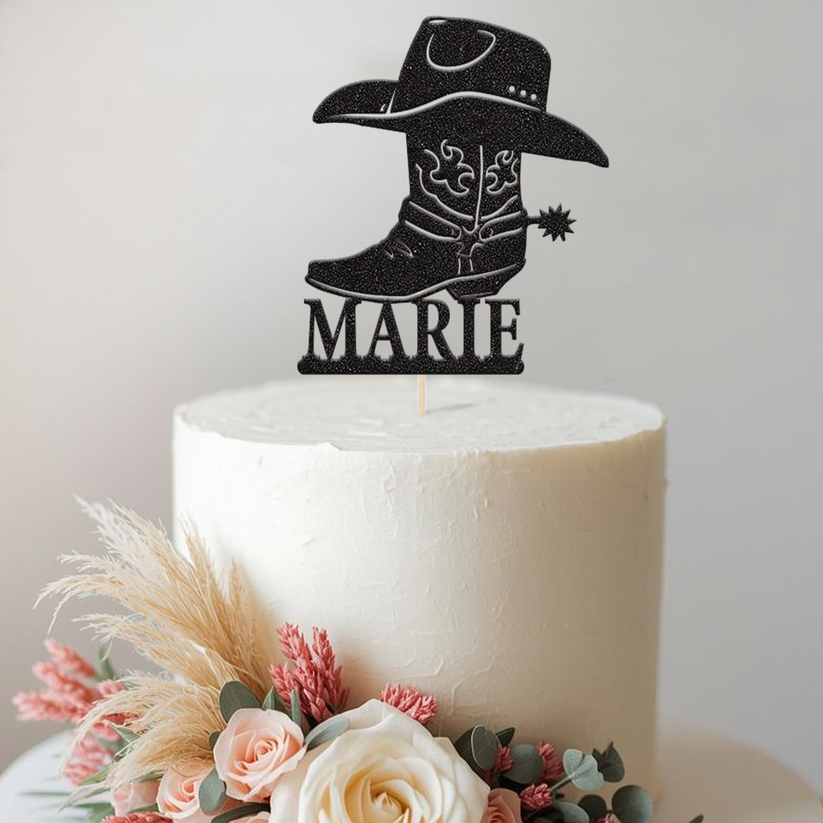 Personalised Cowboy Boot & Hat Cake Topper – Name in Black Glitter