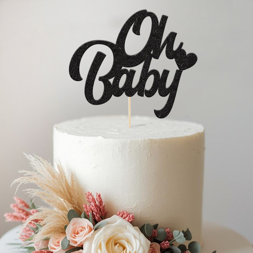 Oh Baby Bold Script Heart Baby Shower Cake Topper in Black Glitter