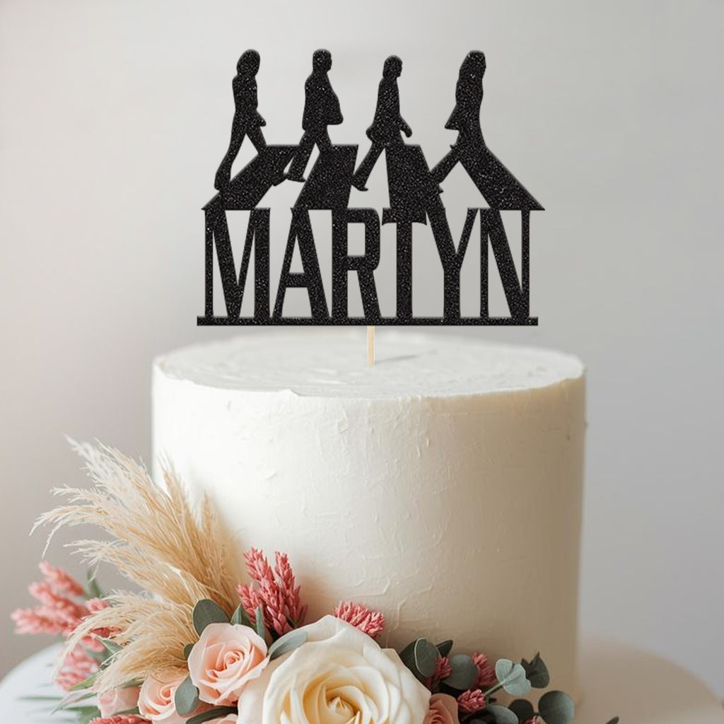 Personalised Beatles Abbey Road Cake Topper – Name in Black Glitter
