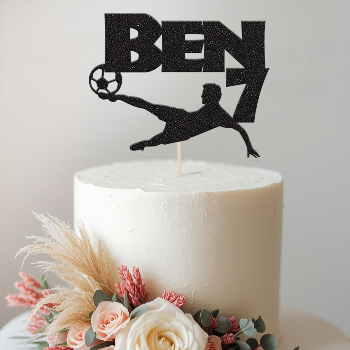 Personalised Flying Kick Footballer Cake Topper – Name & Age in Black Glitter