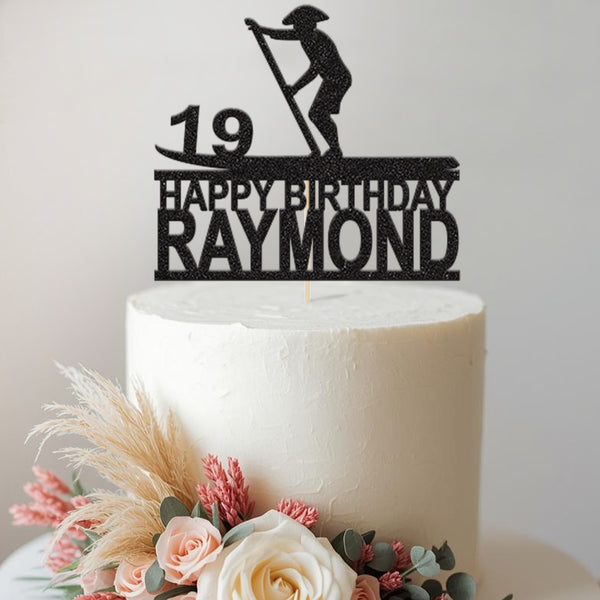 Personalised Stand-Up Paddle Boarder Cake Topper – Name & Age in Black Glitter