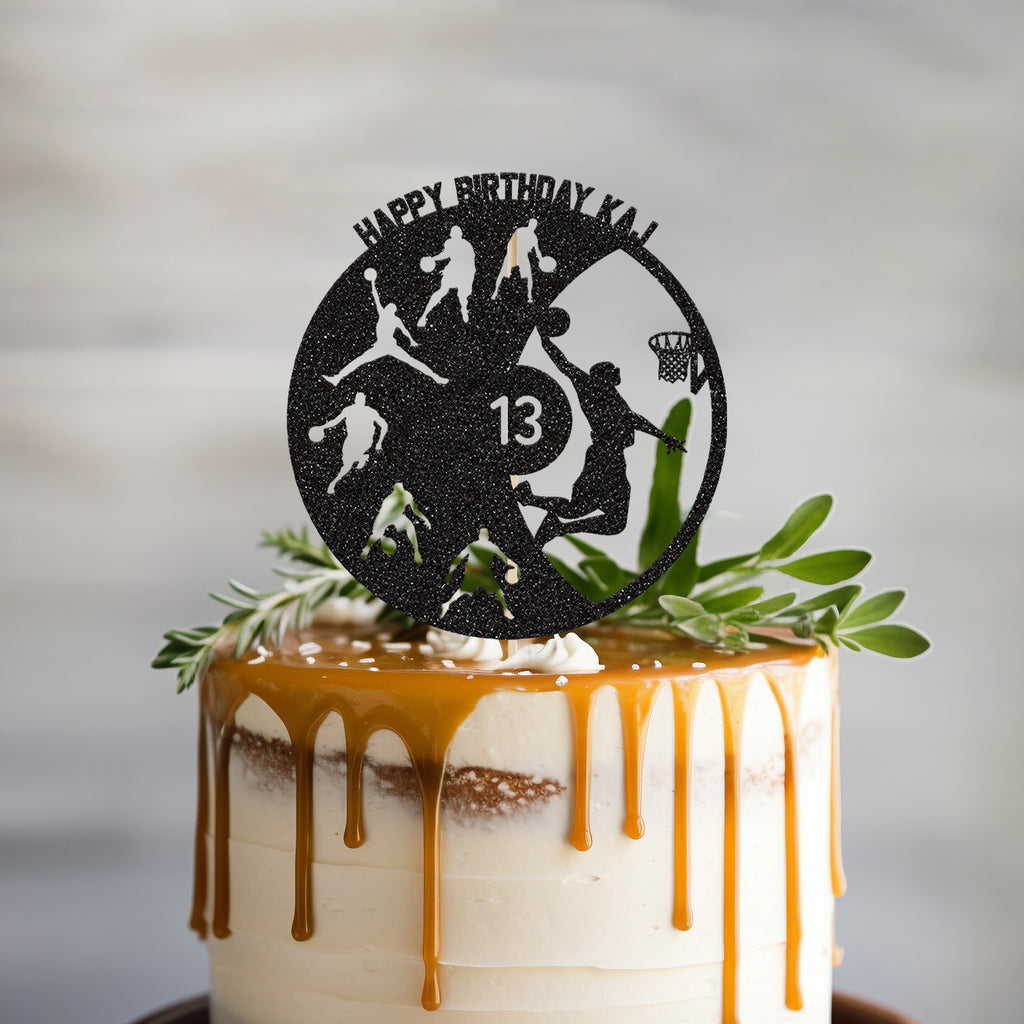 Personalised Basketball Cake Topper – Name & Age in Black Glitter