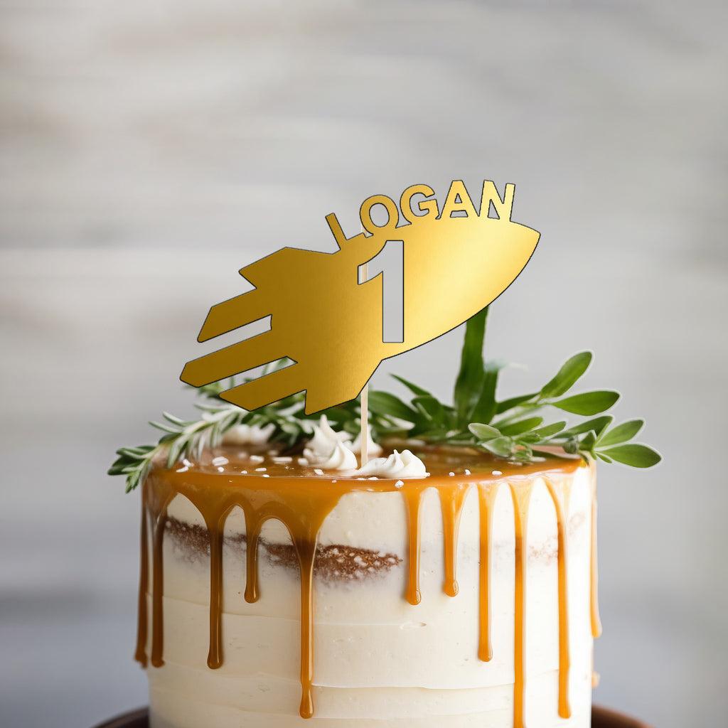Personalised Space Rocket Cake Topper – Name & Age in Gold Mirror