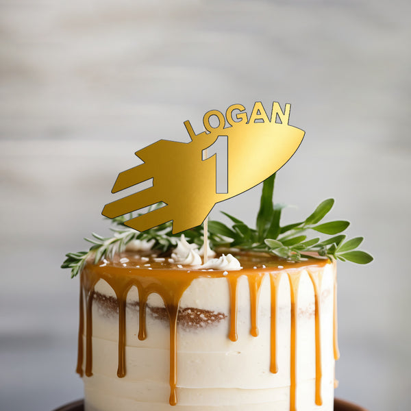 Personalised Space Rocket Cake Topper – Name & Age in Gold Mirror