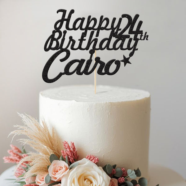 Personalised Flowing Birthday Script & Single Star Cake Topper – Name & Age in Black Glitter
