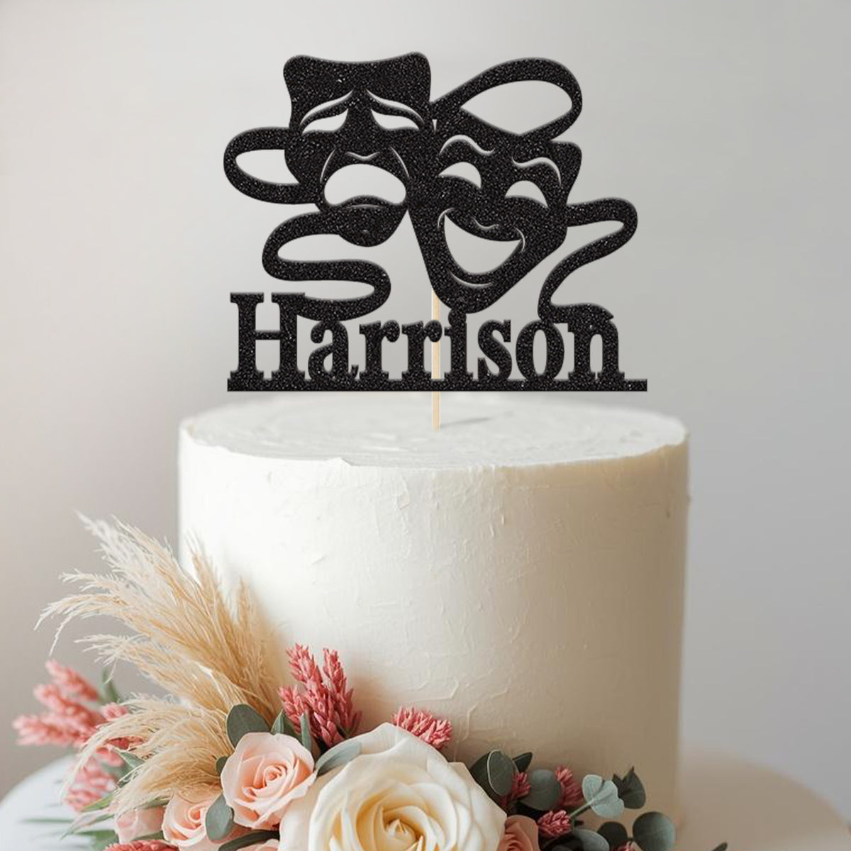 Personalised Theatre Masks & Ribbons Cake Topper – Name in Black Glitter