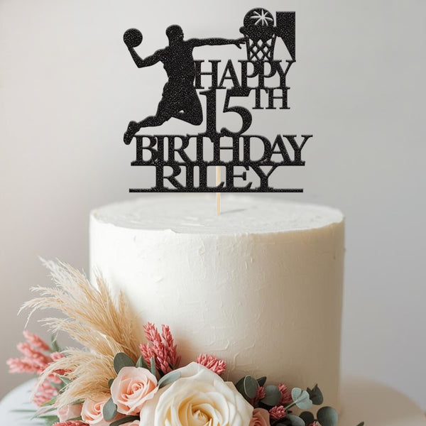 Personalised Leaping Basketball Player Cake Topper – Name & Age in Black Glitter
