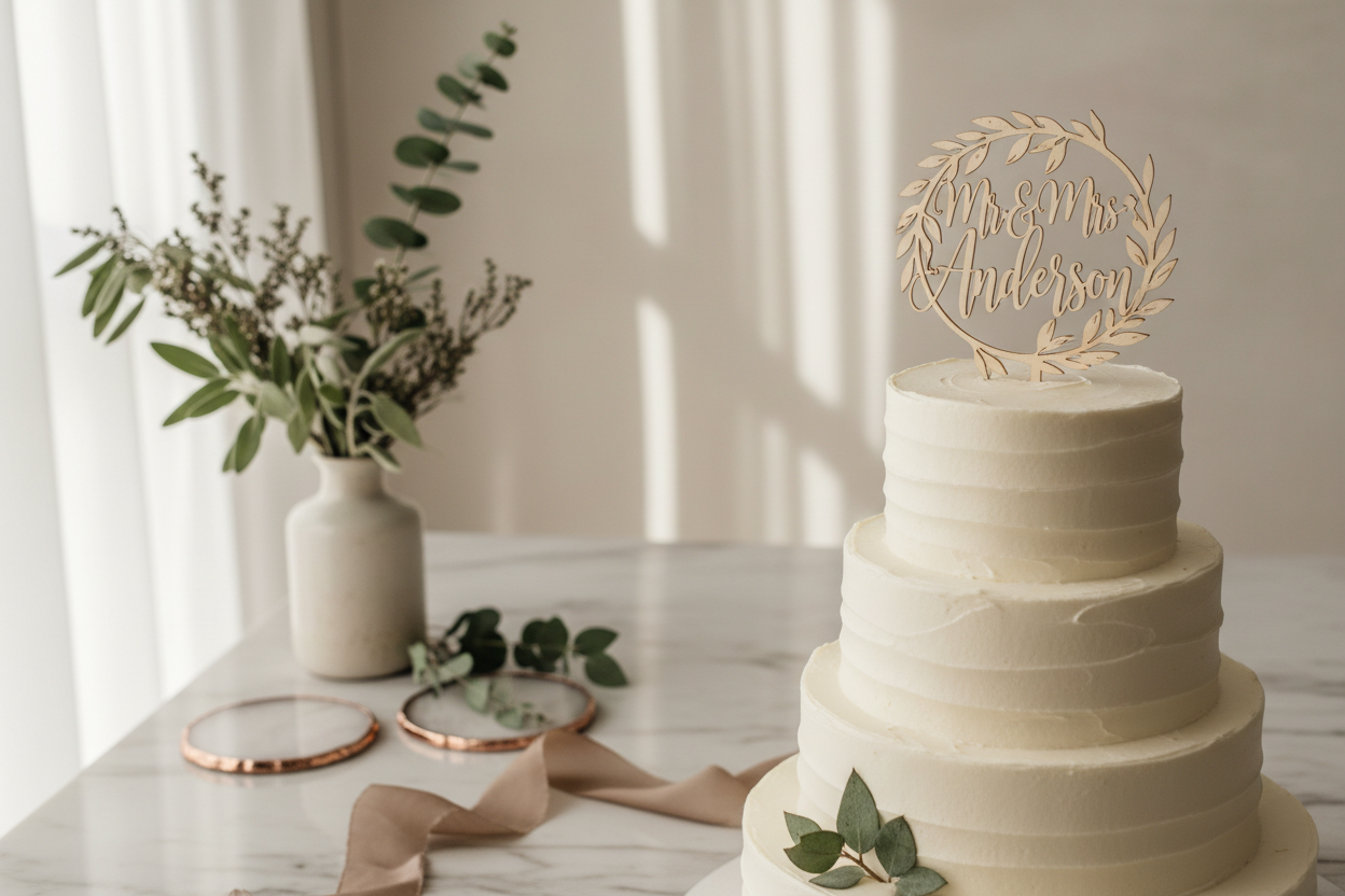 White wedding cake with a personalized topper on a table with a vase of flowers.