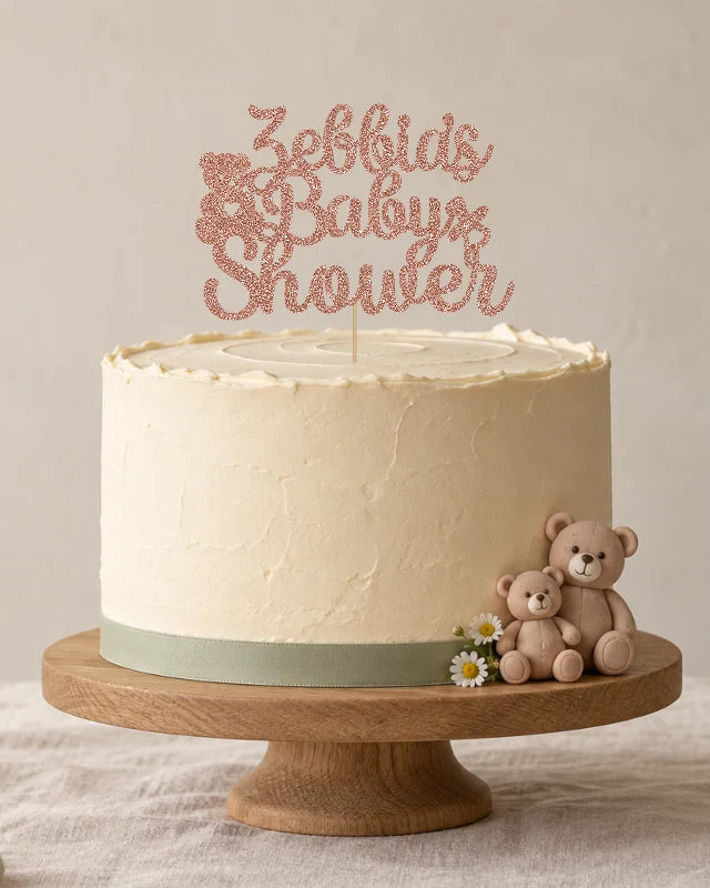 Personalised Teddy Bear Baby Shower Cake Topper – Name in a styled cake scene
