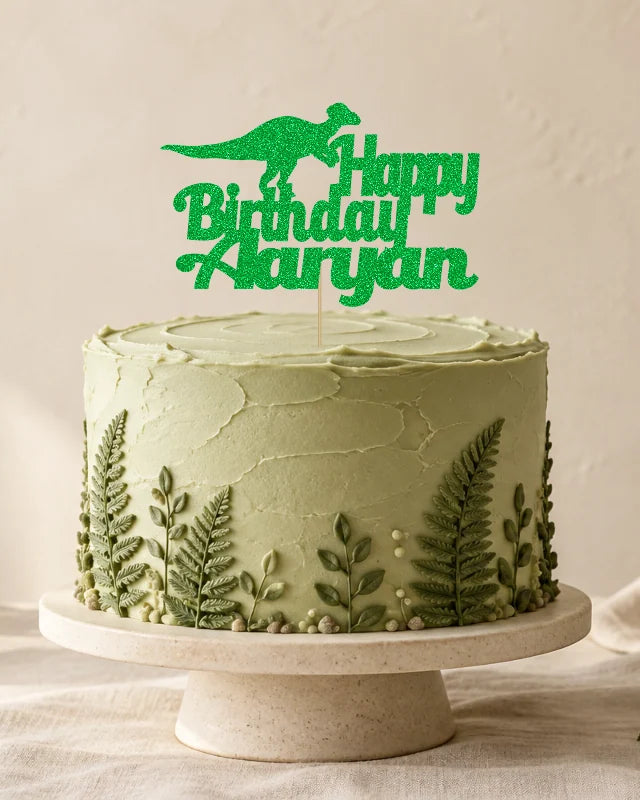 Personalised Dinosaur Cake Topper – Name in a styled cake scene