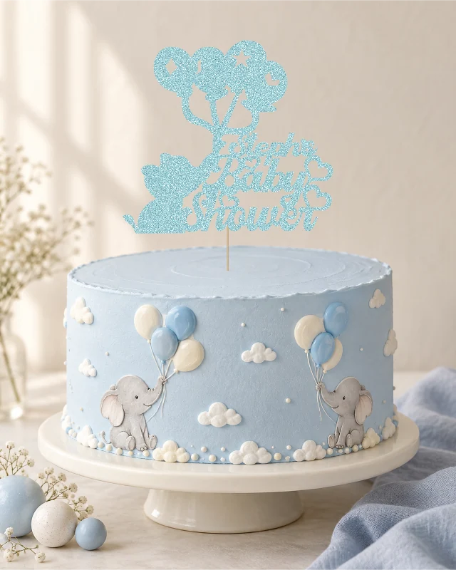 Personalised Elephant and Balloons Baby Shower Cake Topper – Name