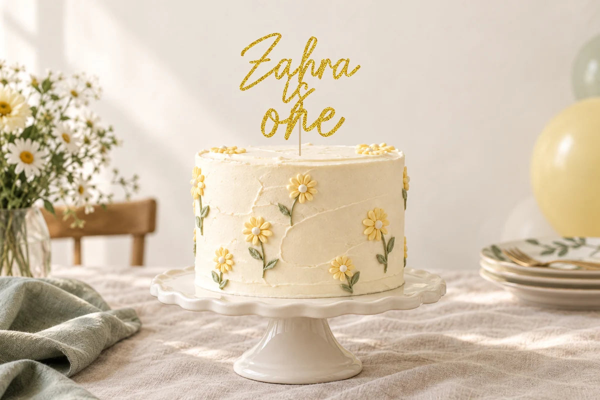 Gold glitter personalised first birthday topper on an ivory daisy cake