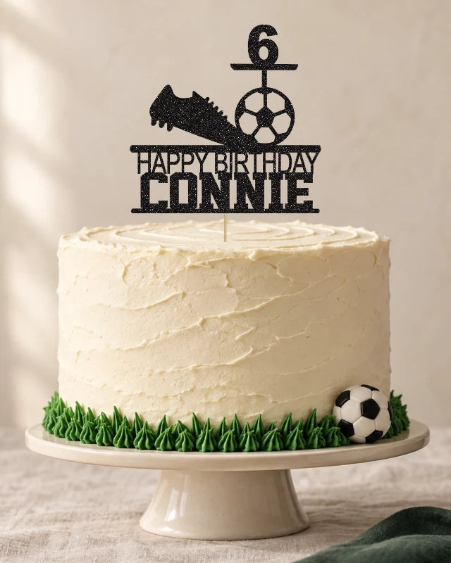 Personalised Football Boot and Ball Cake Topper – Name & Age in a styled cake scene
