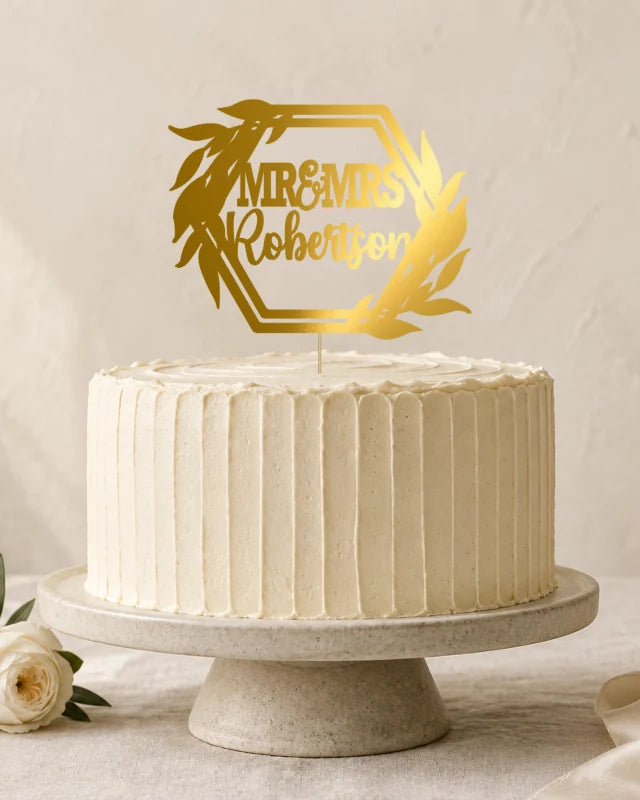 Personalised Mr & Mrs Wedding Cake Topper – Surname in a styled cake scene