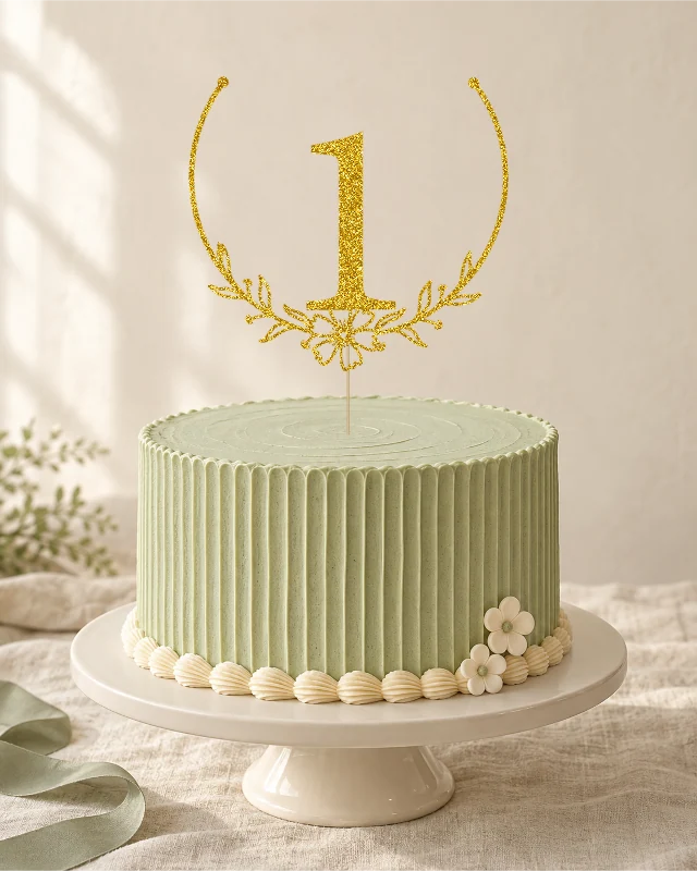 Number One Floral Wreath First Birthday Cake Topper in a styled cake scene