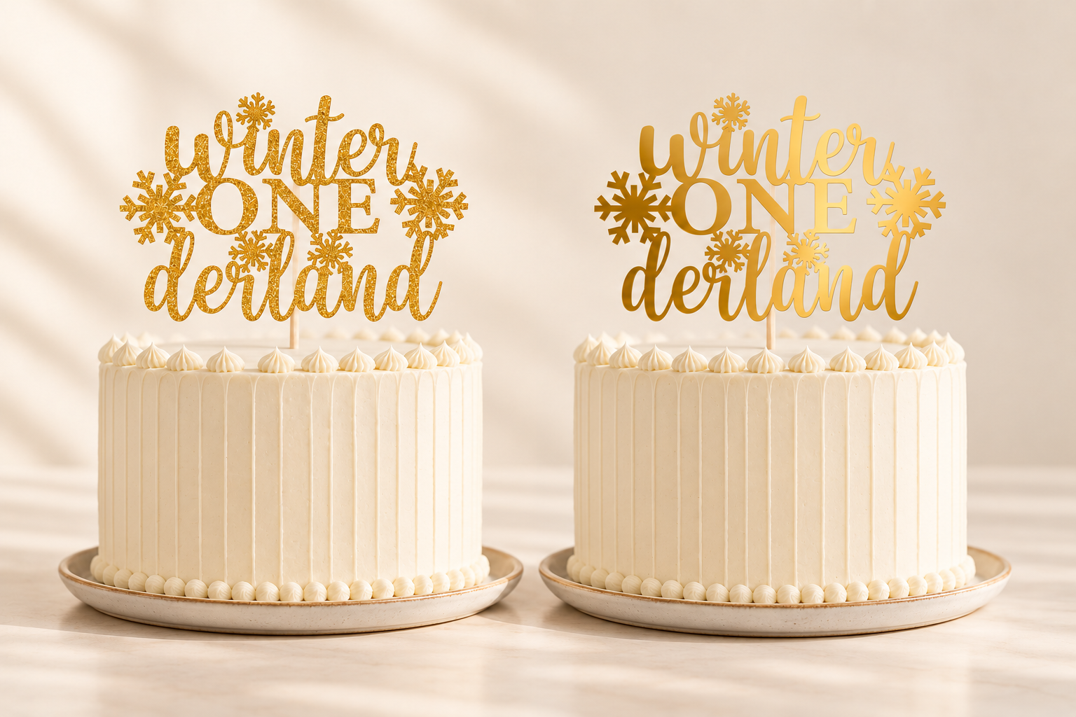 The same Winter ONEderland topper: gold glitter on the left and gold mirror on the right